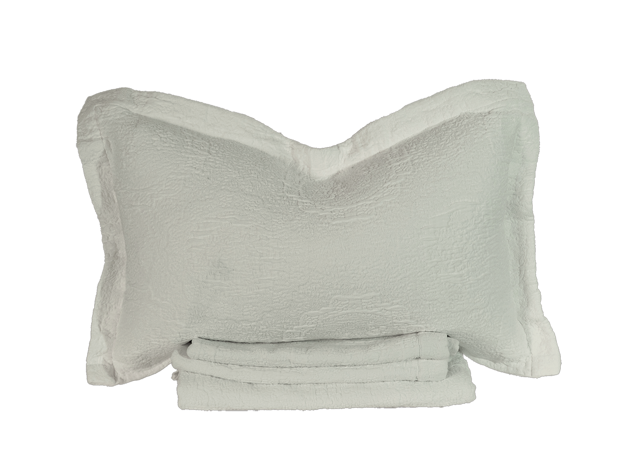 Mica Antik Matelasse Coverlet and Sham - Folded Front View, Jacquard Weave Detail | MATTEO