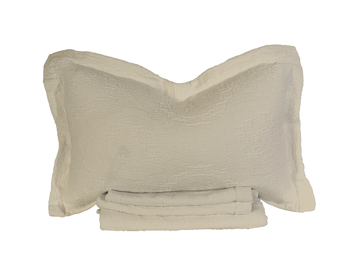 Oat Antik Matelasse Coverlet and Sham - Folded Front View, Garment-Washed Jacquard Texture | MATTEO