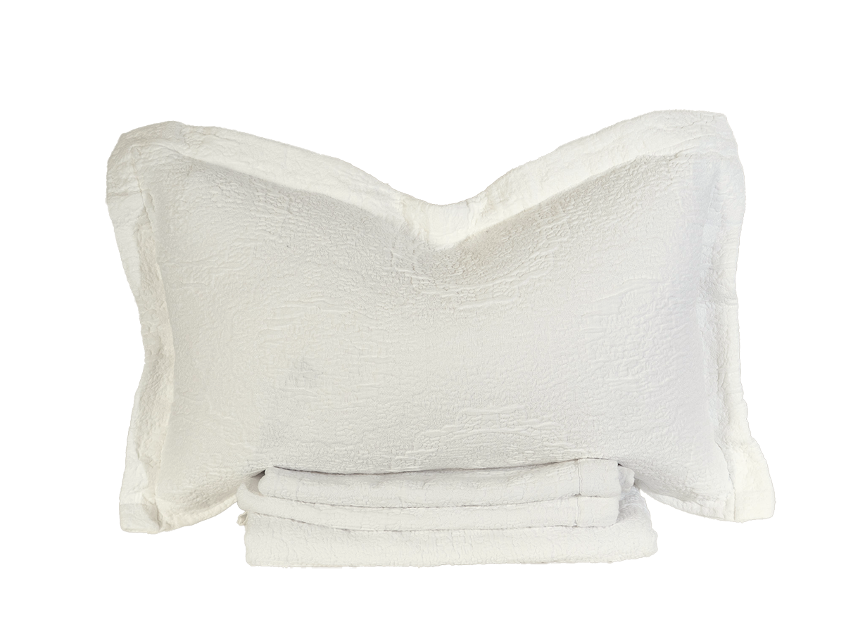 Off White Antik Matelasse Coverlet and Sham - Garment-Washed Jacquard Weave, Folded Product View | MATTEO