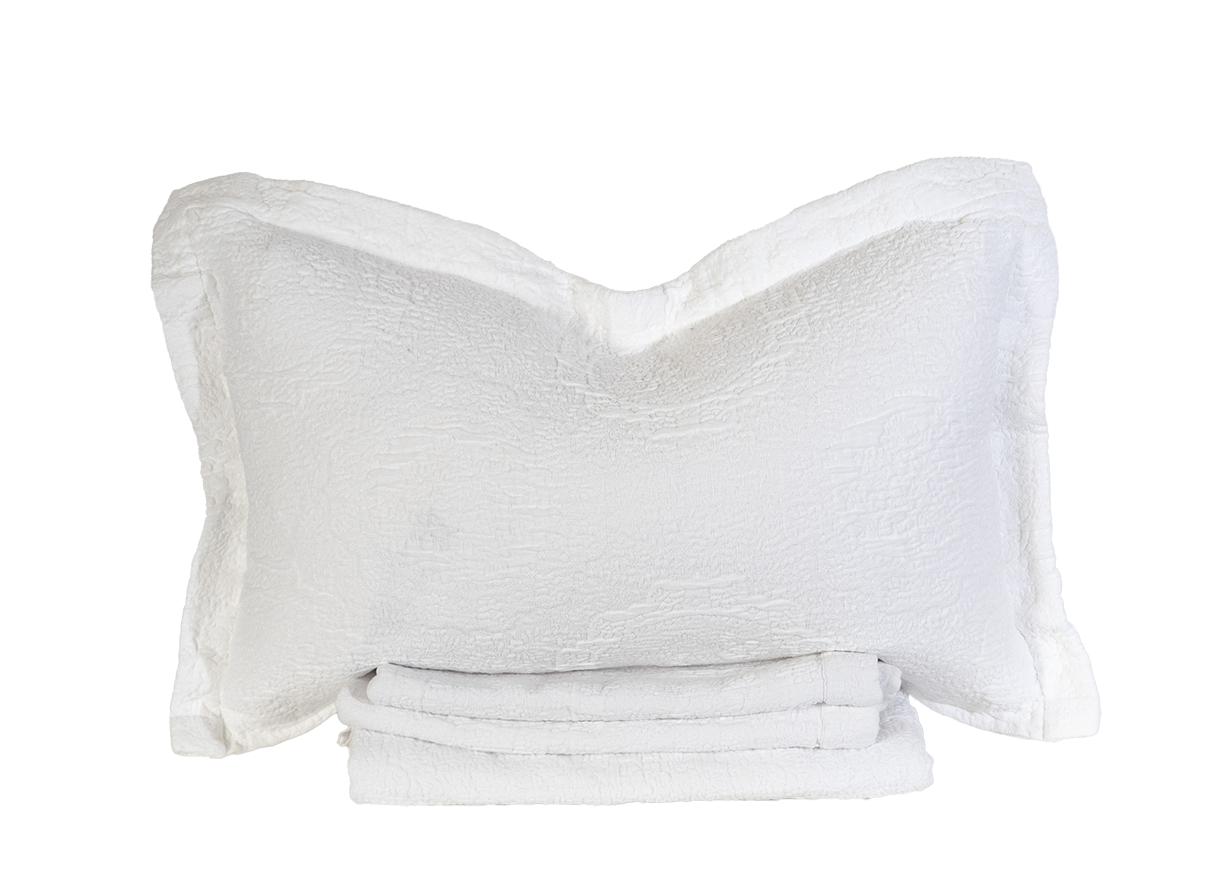 White Cotton Linen Antik Matelasse Sham with Folded Coverlet - Product Stack | MATTEO