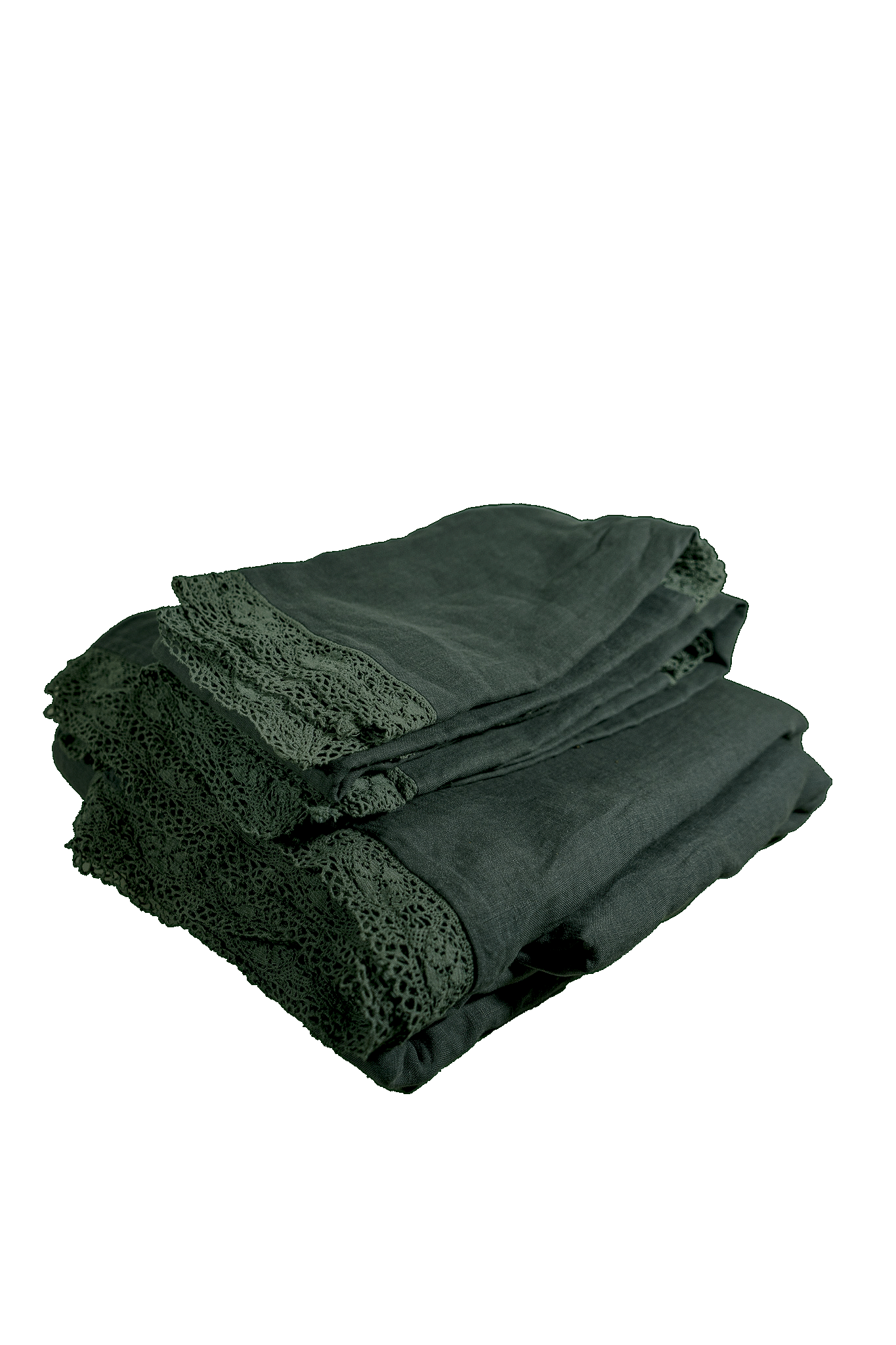 Alpine Green Cluny Linen Duvet Cover with Lace Flange Border - Folded Stack View | MATTEO