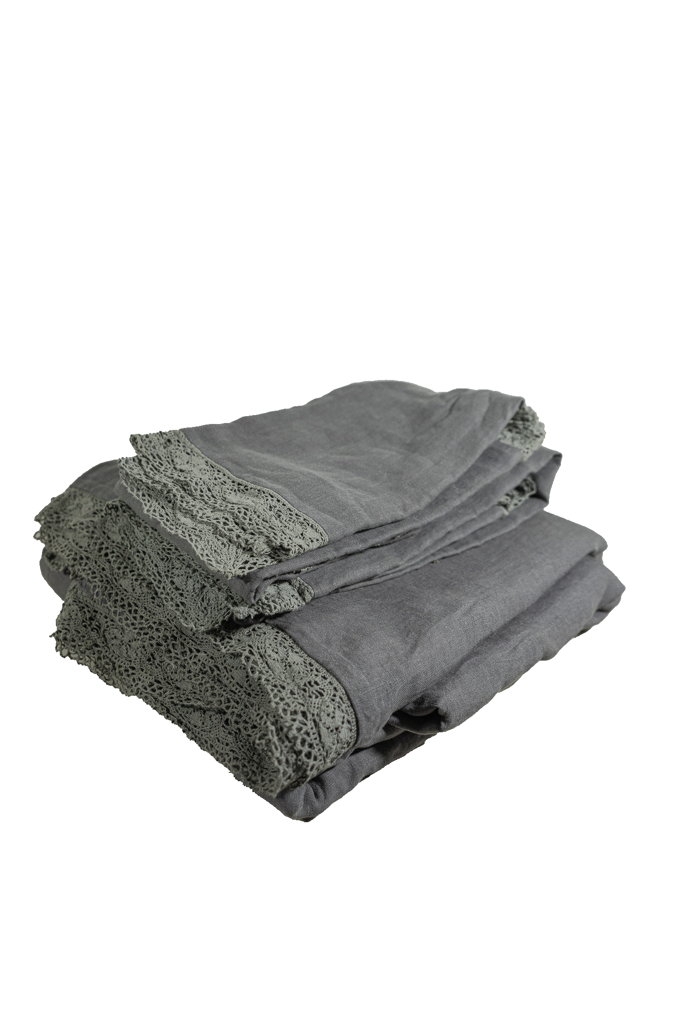 Coal Linen Cluny Duvet Cover with Lace Flange Border - Folded Stack View | MATTEO