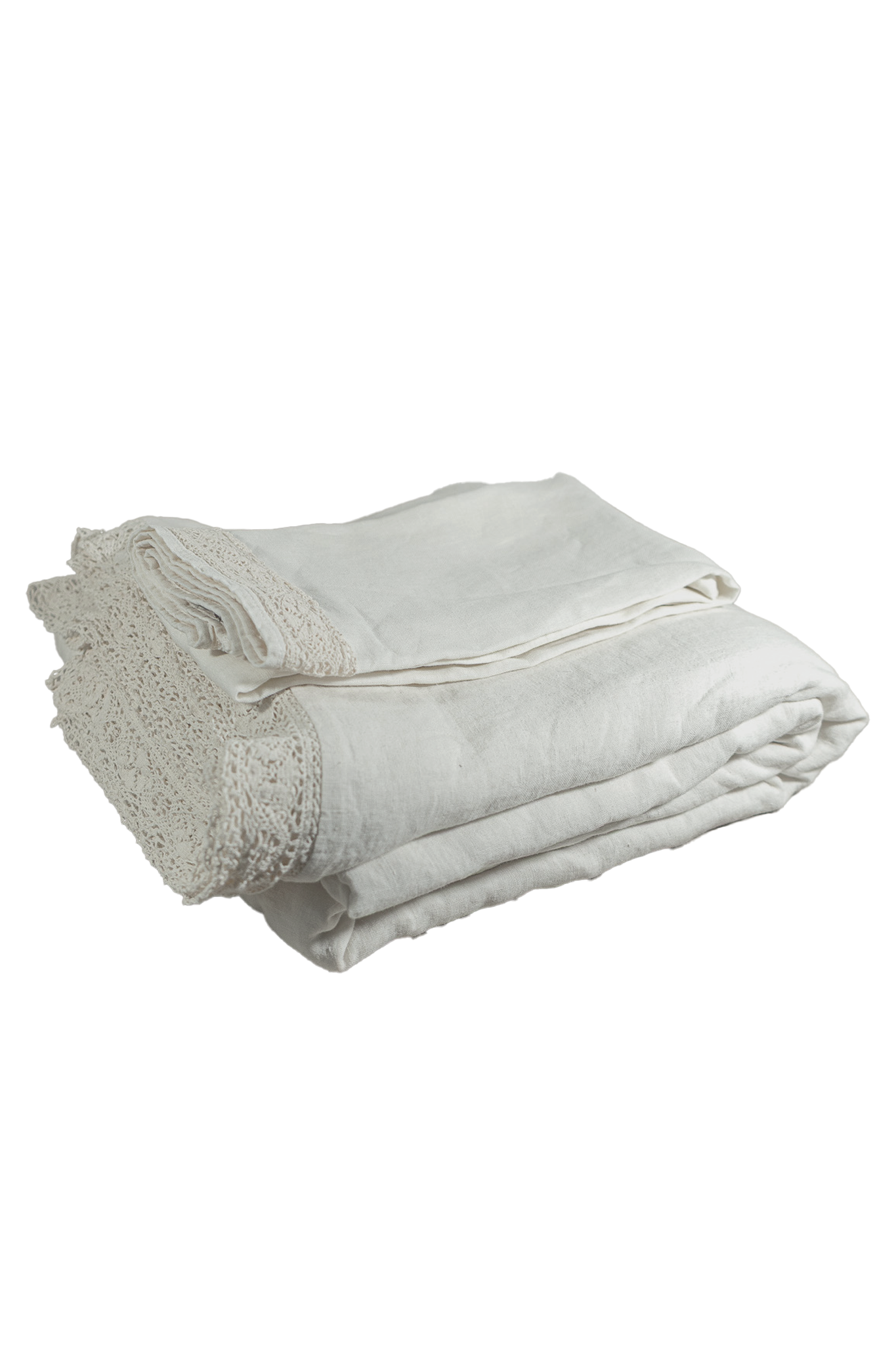 Greige Linen Cluny Duvet Cover with Lace Flange Border - Folded Stack Detail | MATTEO