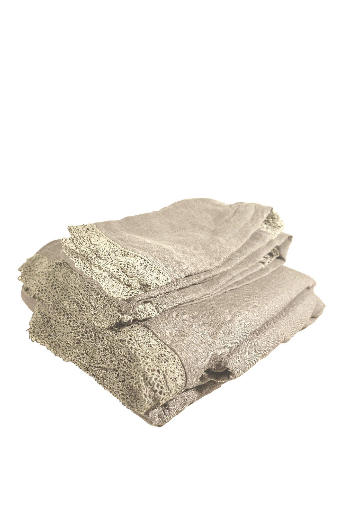 Oat Linen Cluny Duvet Cover with Lace Flange Border - Folded Stack View | MATTEO