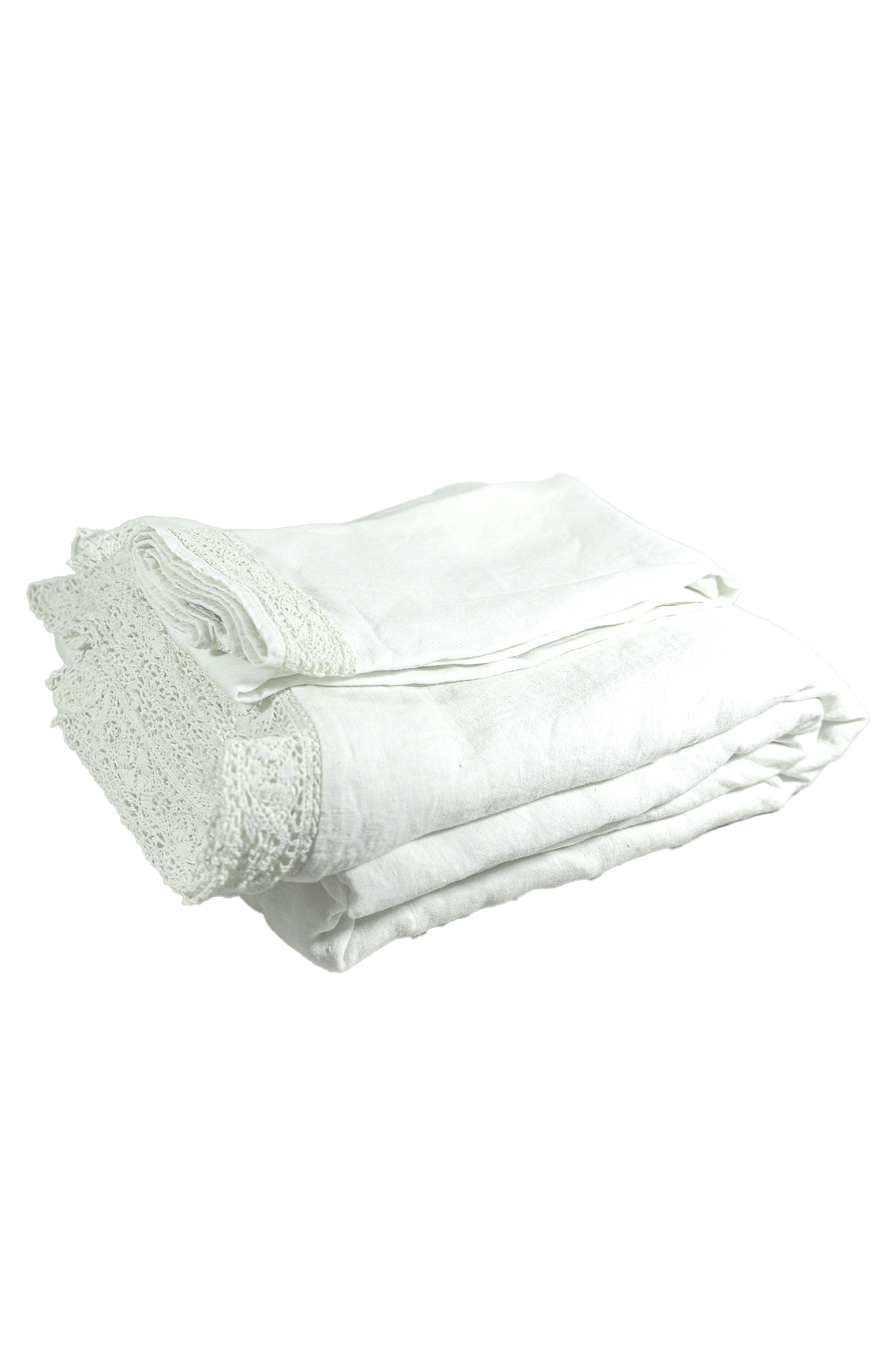 White Linen Cluny Duvet Cover with Delicate Lace Flange Border - Folded Stack View | MATTEO