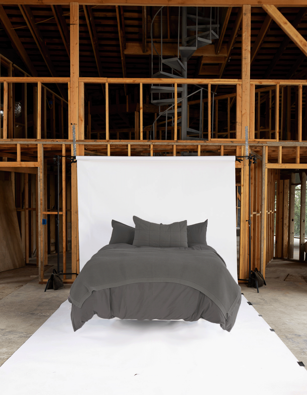 Coal Cotton Tru Luxury Bedding Set - Front View Editorial Studio Scene | MATTEO