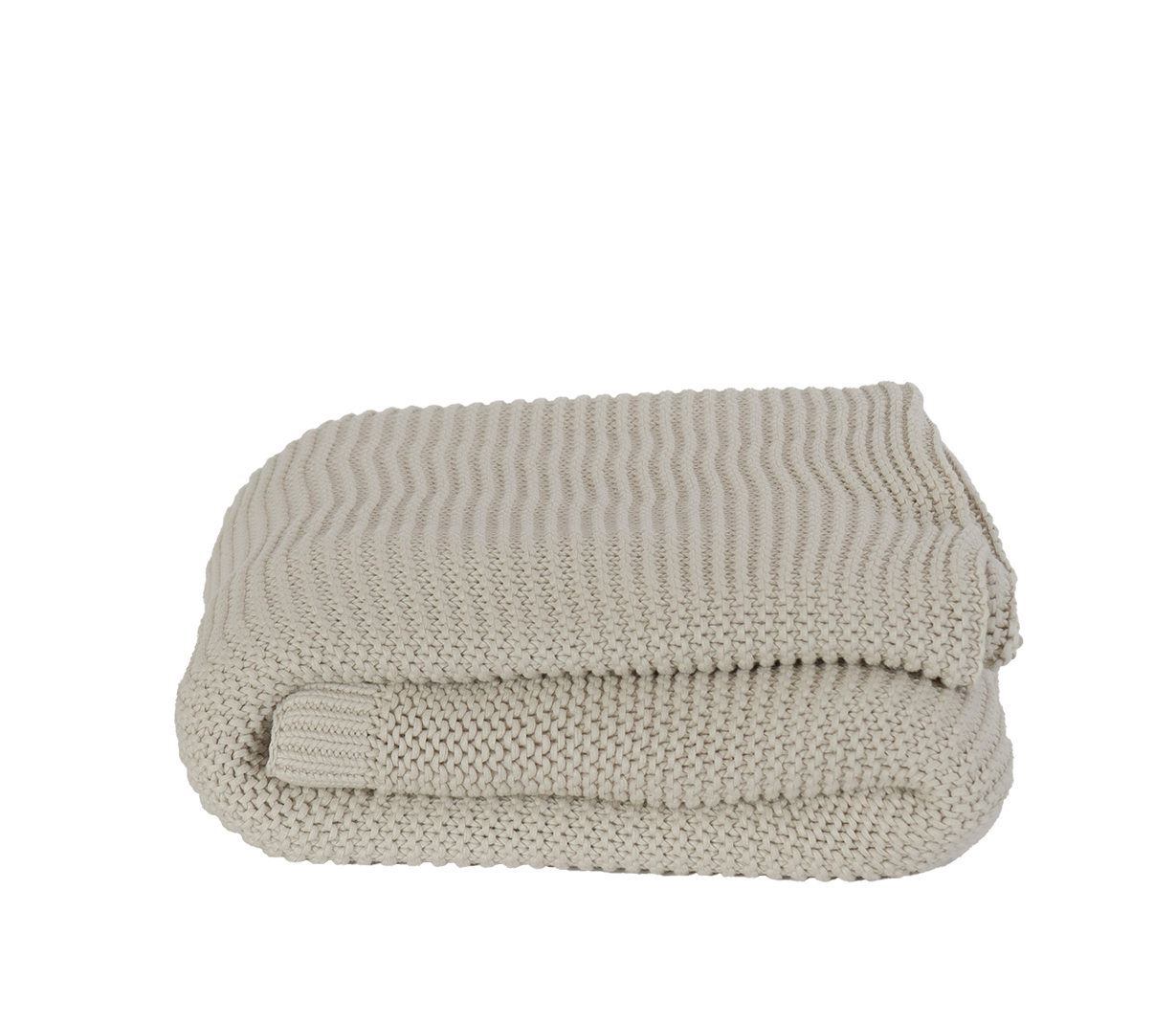Greige Cotton Knit Ellos Throw Blanket - Folded View, Ribbed Border Detail | MATTEO