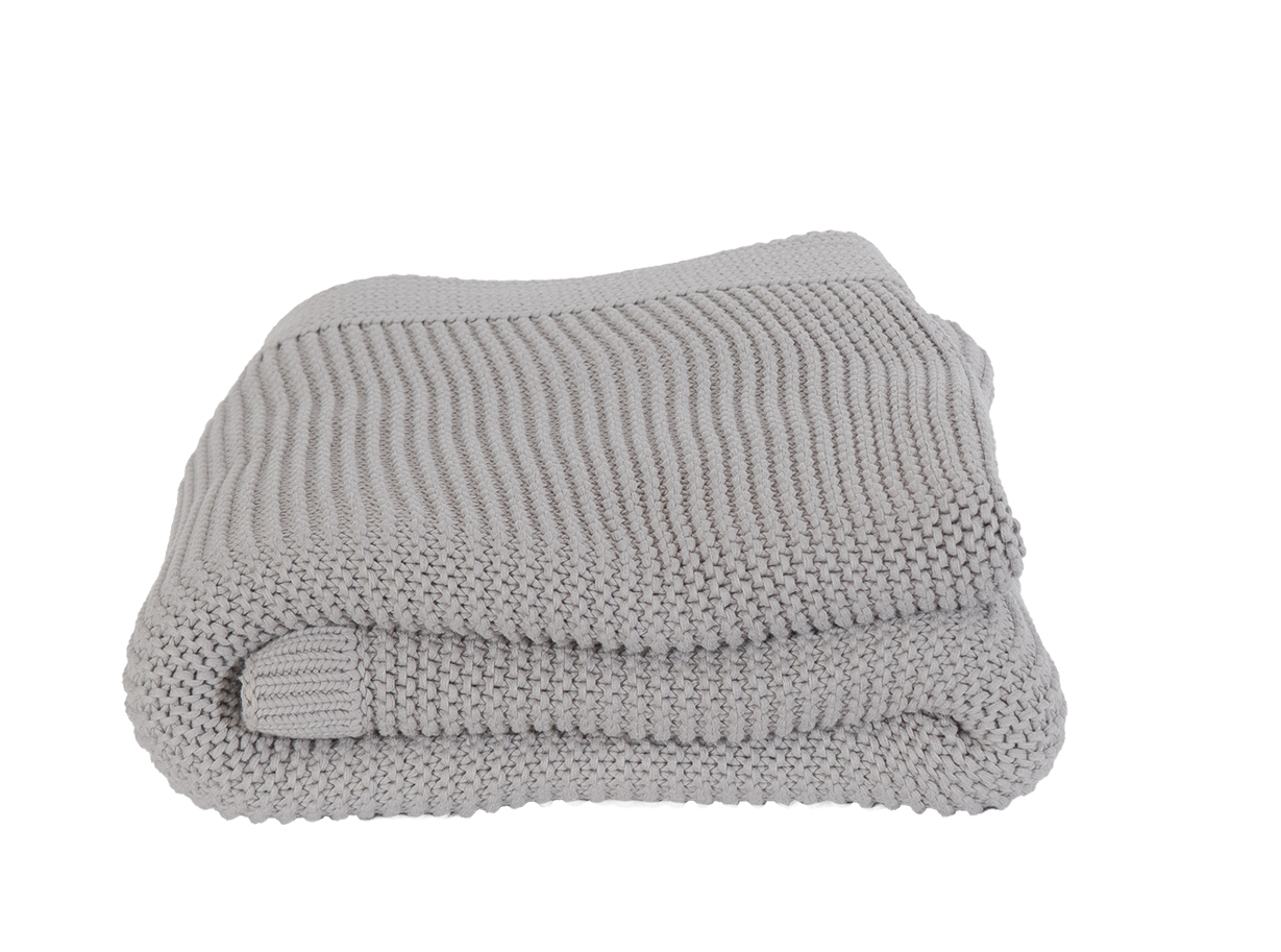 Iris Grey Cotton Knit Ellos Throw - Folded View, Ribbed Border Detail | MATTEO