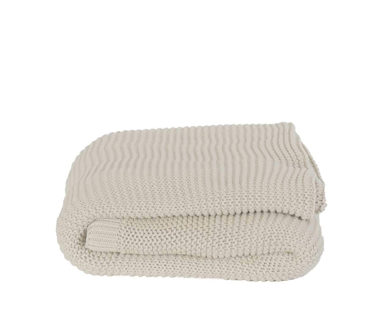 Off White Cotton Knit Ellos Throw - Folded View, Ribbed Border Detail | MATTEO