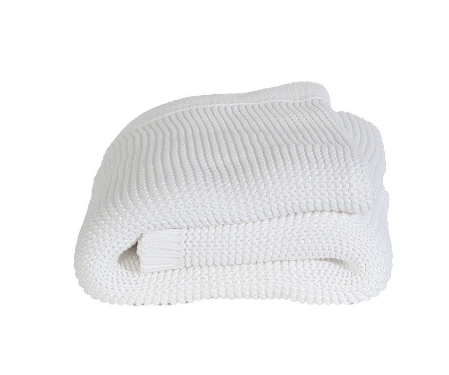 White Cotton Ellos Throw - Folded View Showing Ribbed Border and Knit Texture | MATTEO