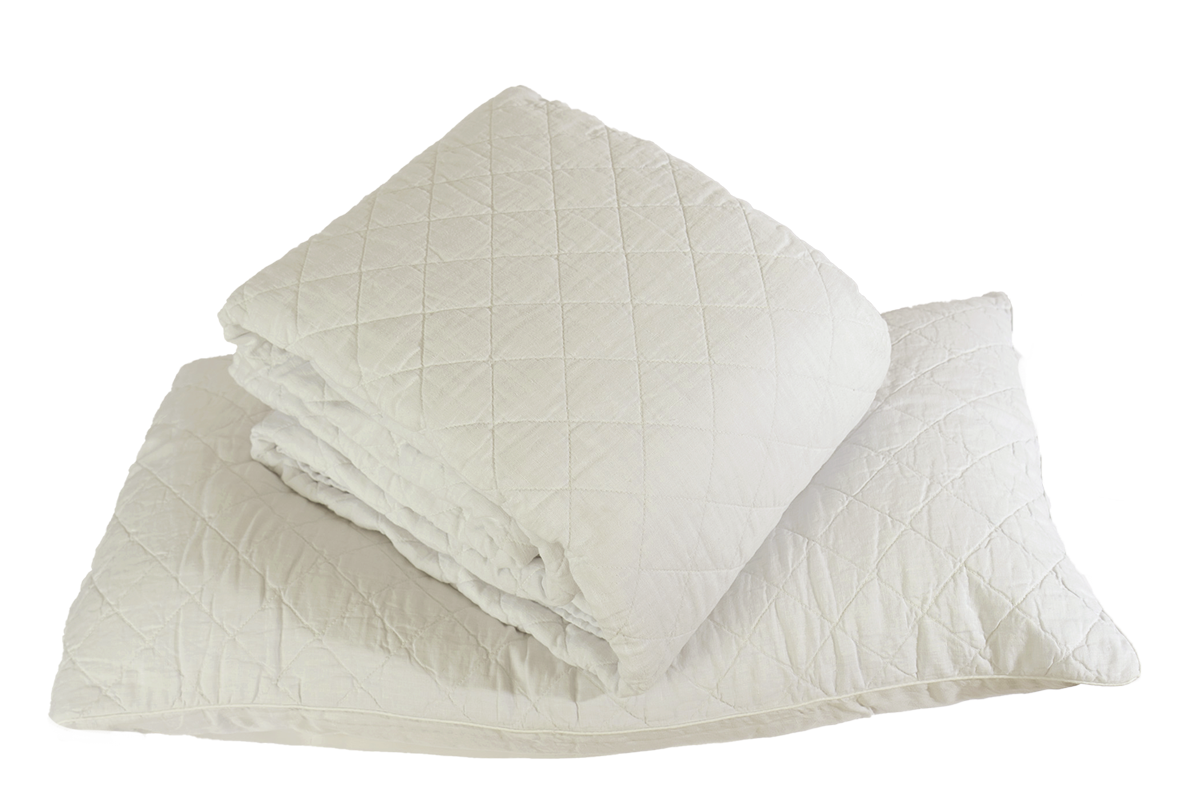 Off White Quilted Linen Ida Quilt and Shams - Diamond Stitch Flat Lay | MATTEO