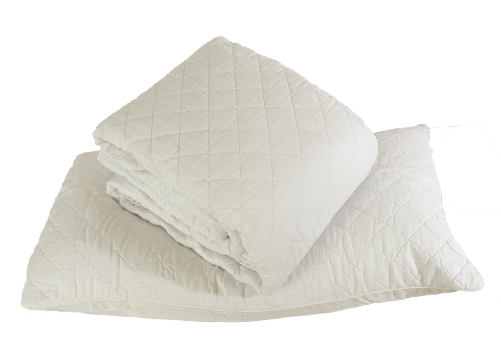 Off White Quilted Linen Ida Duvet Cover and Shams - Folded Product Set View | MATTEO