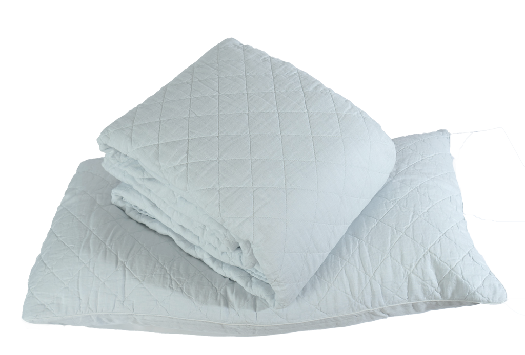 Salt Quilted Linen Ida Coverlet and Throw - Folded with Sham, Product View | MATTEO