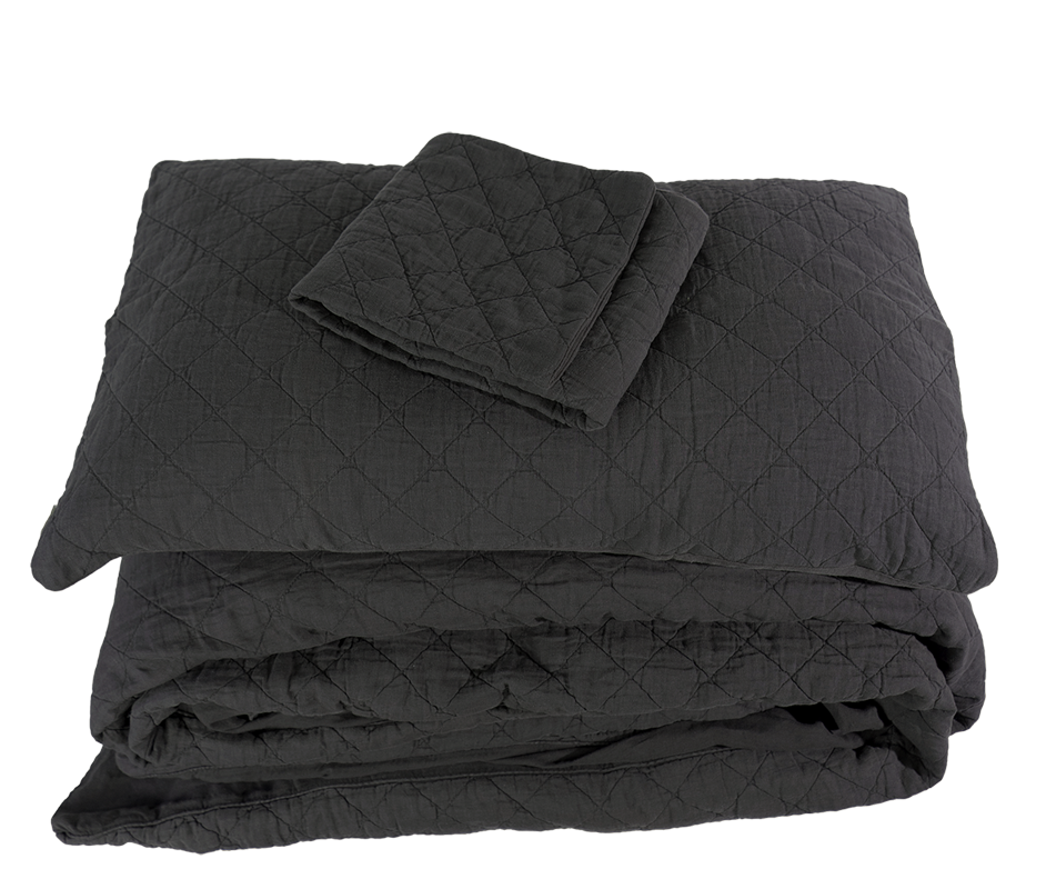 Smoke Quilted Linen Ida Duvet Cover and Sham - Folded Stack View | MATTEO