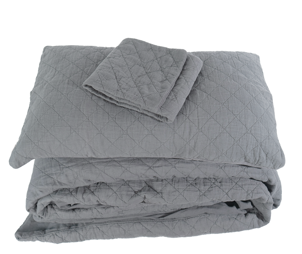 Coal Grey Quilted Linen Ida Duvet Cover with Pillow Shams - Product Set | MATTEO