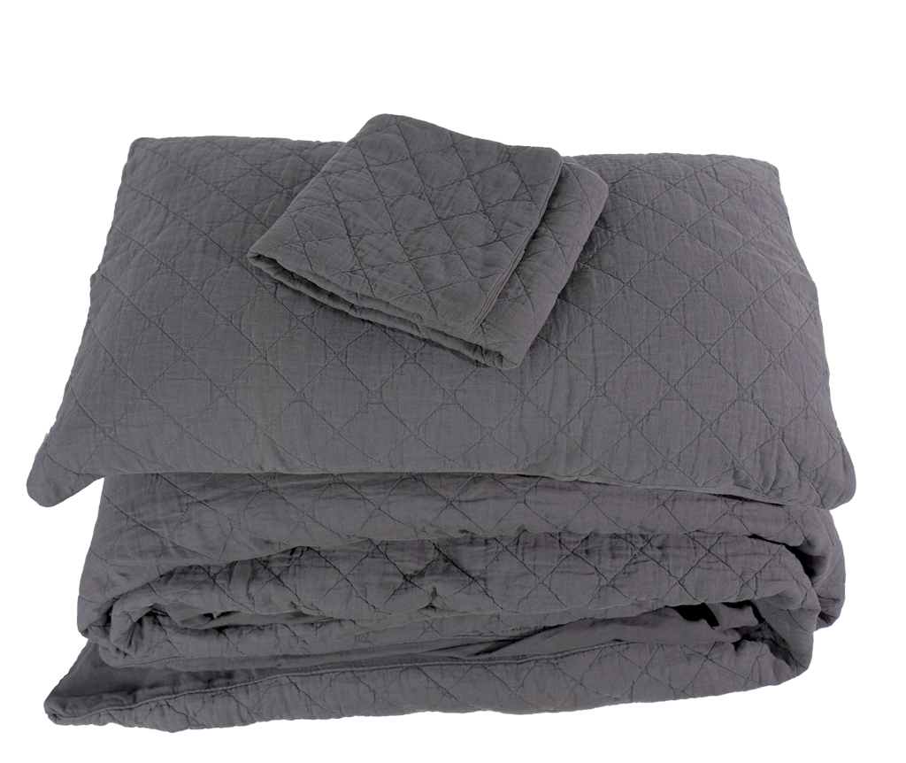 Coal Quilted Linen Ida Duvet Set with Decorative Pillow - Diamond Pattern Folded | MATTEO