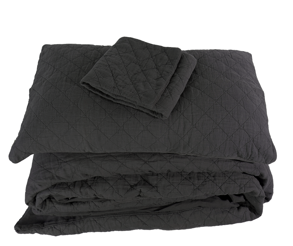 Smoke Quilted Linen Duvet Cover Set with Decorative Pillows - Flat Lay | MATTEO