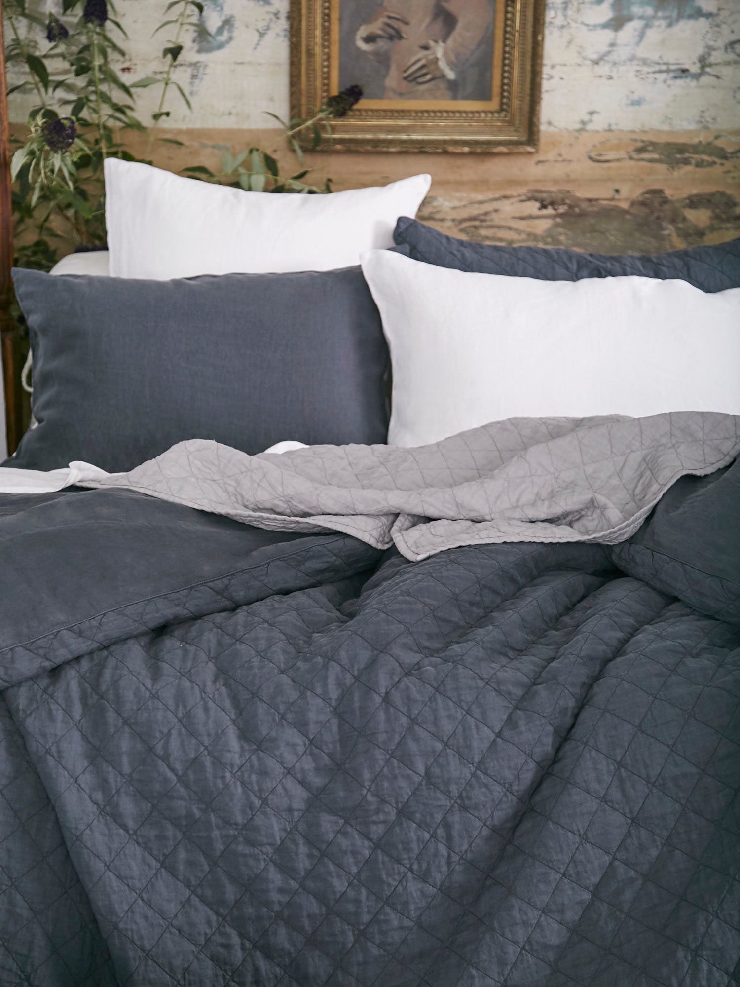 Coal Ida Quilted Linen Duvet Cover with White Pillows - Styled Bedroom Setting | MATTEO